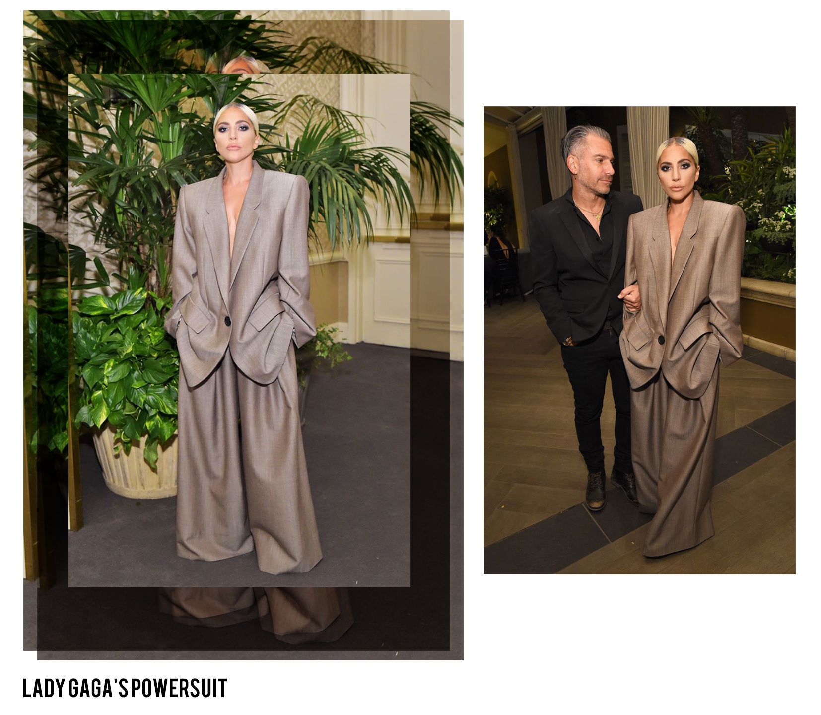 Lady Gaga wearing a statement power suit consisting of a blazer and wide leg trousers