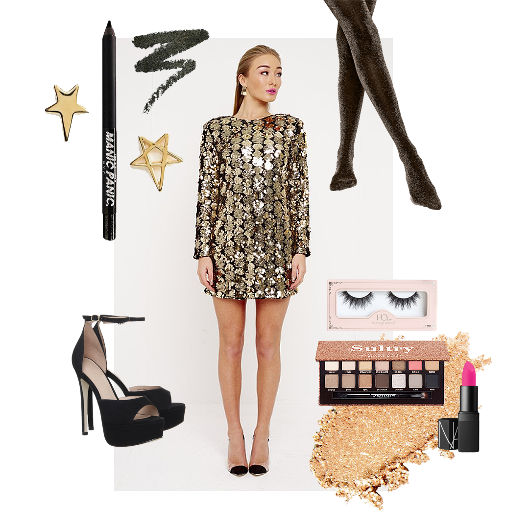 Sparkly gold party sequin mini dress with long sleeve 