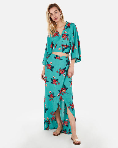 High Waisted Tropical Print Maxi Skirt in Blue Print