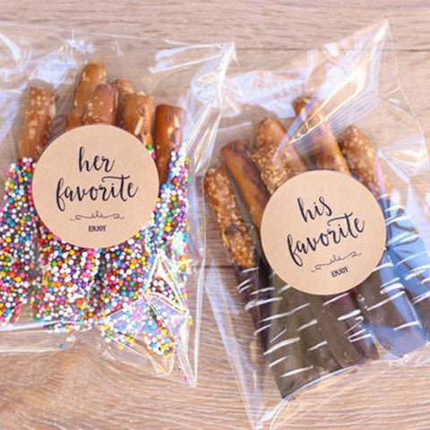 His and hers chocolate covered pretzels as personal wedding favor gift