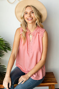 Solid Ruffled V-Neck Sleeveless Top