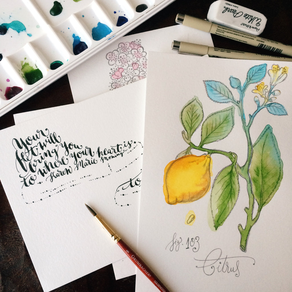 handlettering and watercolor botanical illustration - "Your feet will bring you to where your heart is." ~KMM