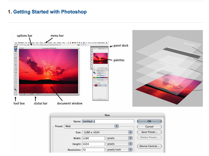 awesome compilation of 12 Beginner Tutorials for Getting Started With Photoshop by Jacob Gube on Mashable