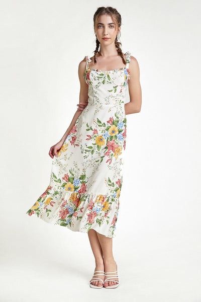 Ivory Floral Print Tie Strap Ruffle Midi Dress