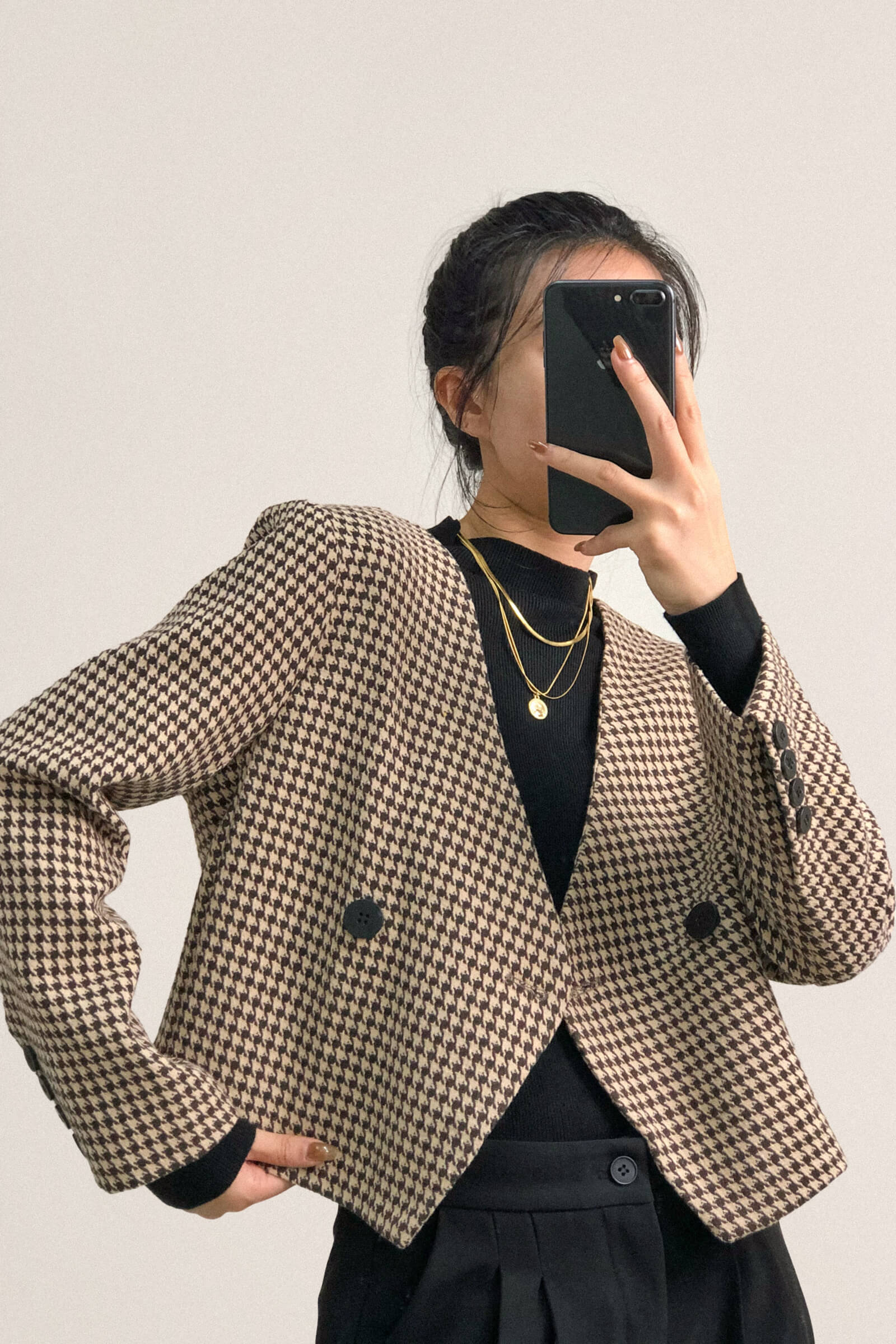 

Saddle Brown Houndstooth V-Neck Double-Breasted Jacket