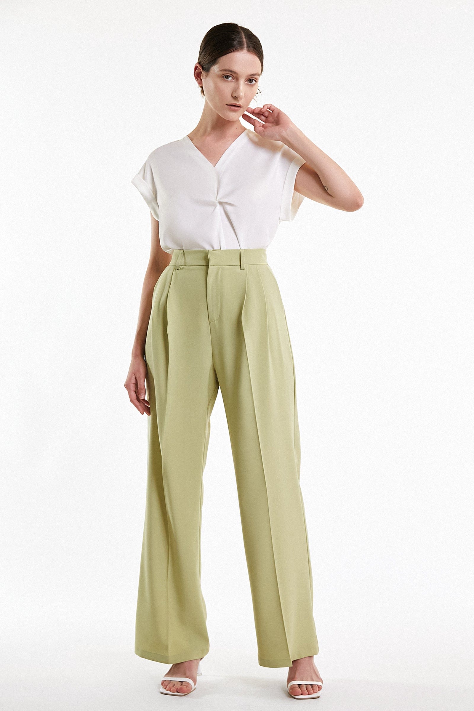 

Yellow Green Straight Leg Pleat Detail High Rise Suit Pants