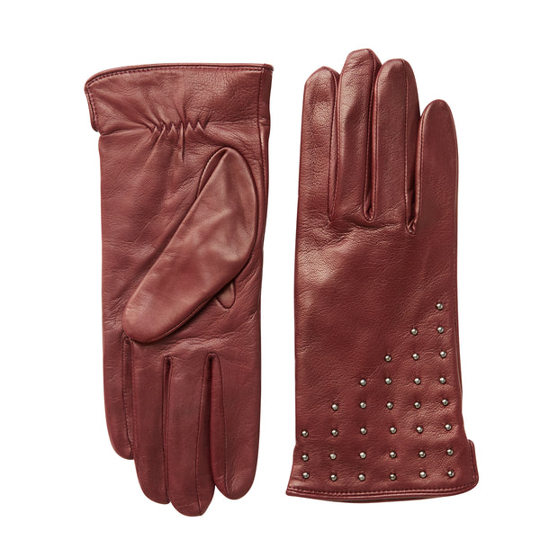 Women's Studded Cuff Nappa Leather Gloves - Bordeaux