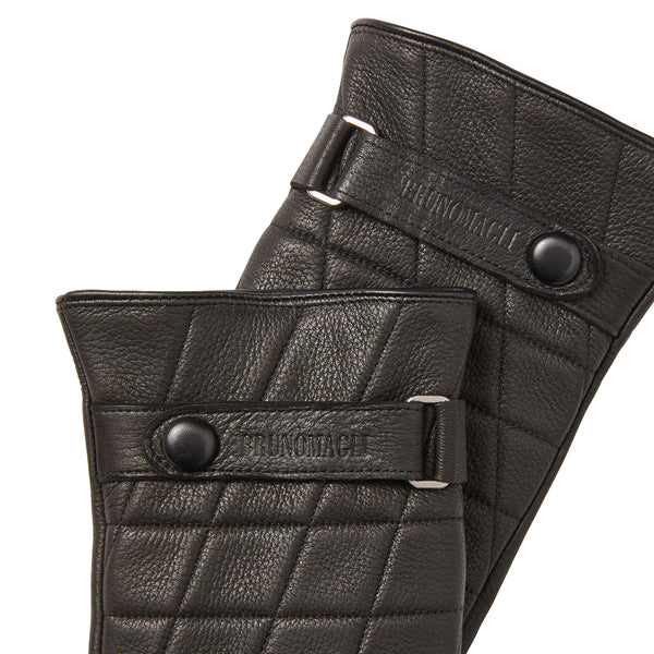Men's Quilted Leather Gloves with Logo Strap - Black