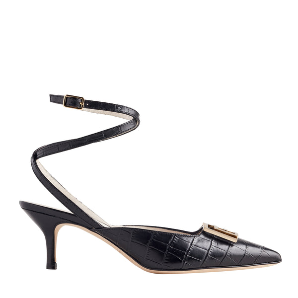 Keaton Croc-Embossed Leather Heel - Black/Gold