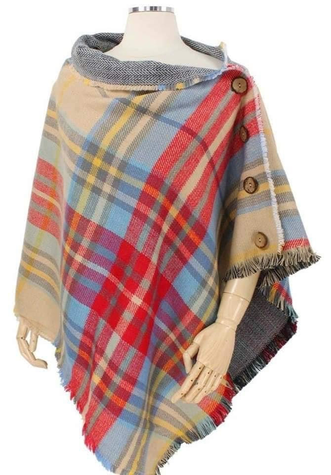 Taupe/Beige Plaid Poncho