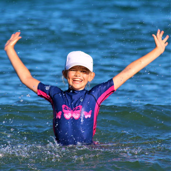 Eco-Friendly Pink and Navy Butterfly Modest Swim Vest for Children Jody and Lara Short Sleeve UPF 50 