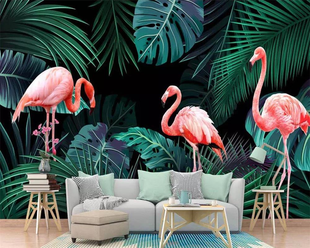 Green And Pink Tropical Forest Three Flamingos Wall Mural Gallery Wallrus Free Worldwide Shipping