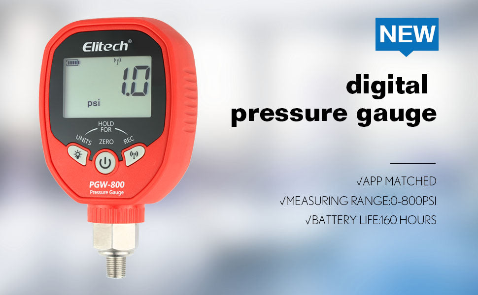 Elitech PGW-800 Wireless Digital Pressure Gauge with Temperature App Alerts for HVAC System IP65 Waterproof 0-800 PSI 1/8 NPT