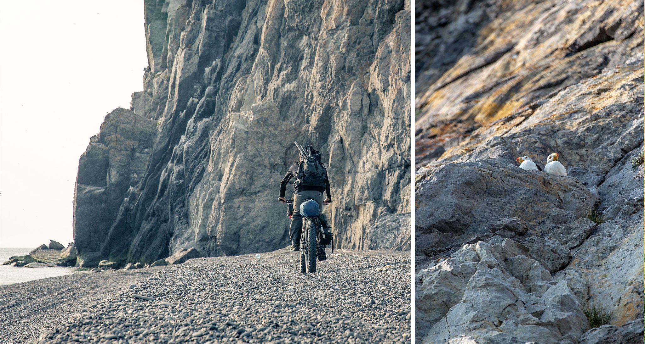 Fat biking along a rocky beach in Alaska