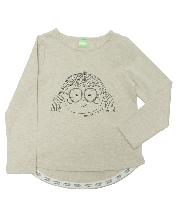 Product image of a heather oatmeal coloured long-sleeve tee with a line drawing of a girl on it. The girl has glasses and pigtails.
