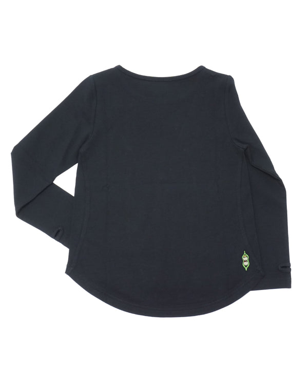 Product image of the back side of a black long-sleeve tee for girls.