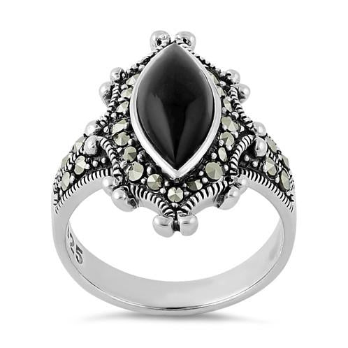 Sterling Silver Marquise Black Onyx Marcasite Ring