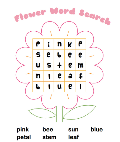 A children's word search titled "Flower word search" where the word search is in the the shape of a flower with flower-related words to find
