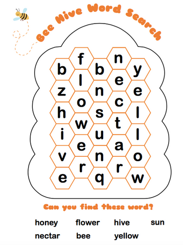 A children's word search titled "Bee hive word search" where the word search is in a honeycomb hexagonal shape with bee-related words to find