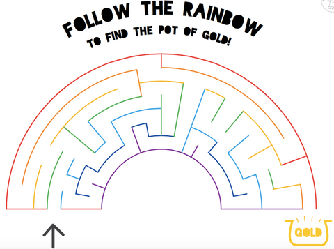 A children's maze titled "Follow the rainbow to find the pot of gold" where the maze is in the shape of a rainbow using rainbow colors with an arrow pointing to one side of the rainbow and a pot of gold on the other