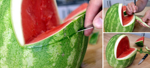 Removing the green rind of the watermelon by making a shallow cut around the mouth, coming in at the corners