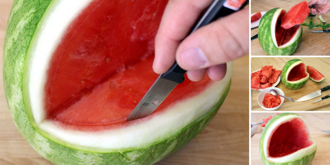 Cutting into the watermelon flesh on the inside of the mouth and scooping out the contents