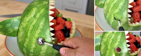 Using a melon baller - a implement with a half ball cutting implement - to remove a circle of flesh for the 'eyes' of the shark