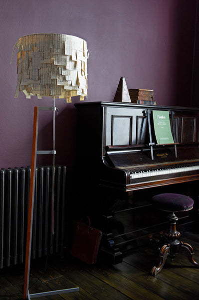 Upcycled musical score lampshade.