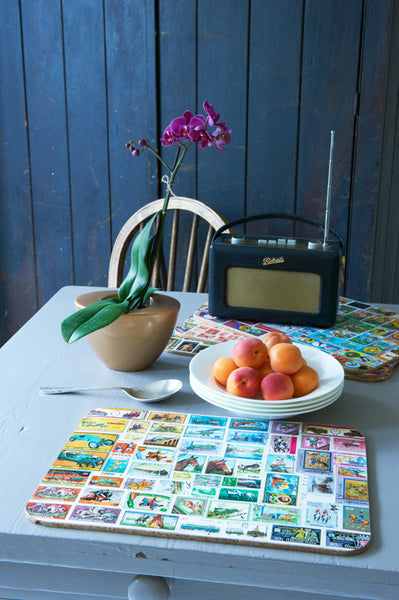 Stamp collection place mats.