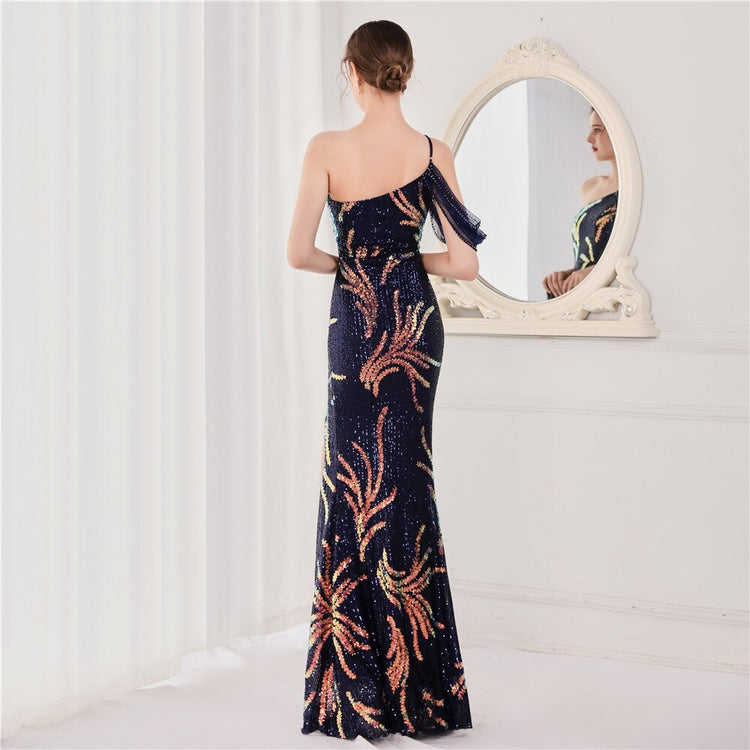 Vestido de Festa Luxo com Paetês Bordados Azul Marinho