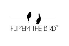 Image of 2 birds on a wire, one is up the other is down. All black logo with the flip'em the bird in all caps. 
