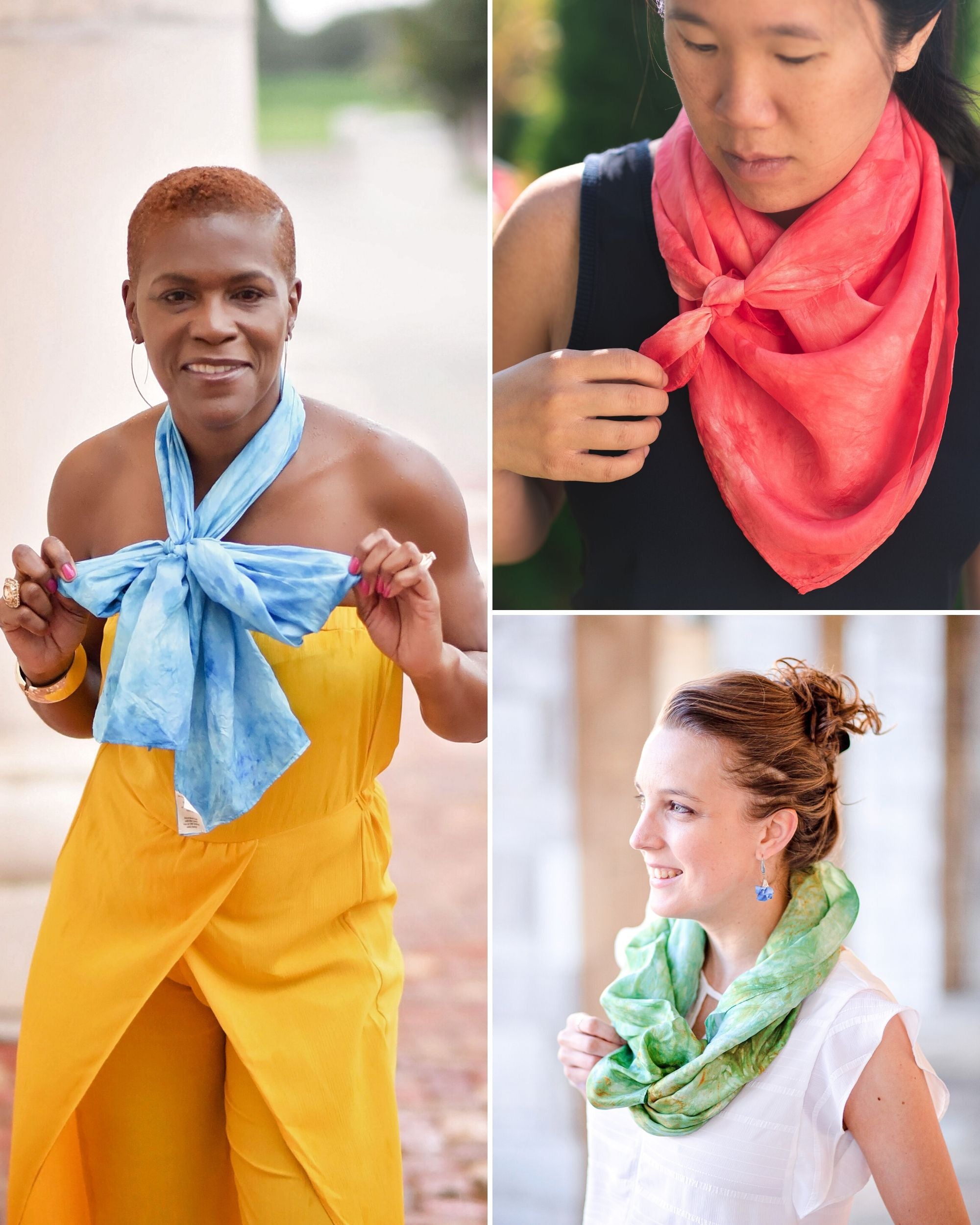 Image collage: Black woman wearing turquoise silk scarf tied in a bow around her neck, Asian woman wearing large square scarf tied around neck bandana style, white woman with long scarf tied in loop around neck