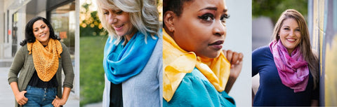 collage of photos - women wearing silk or knit scarves