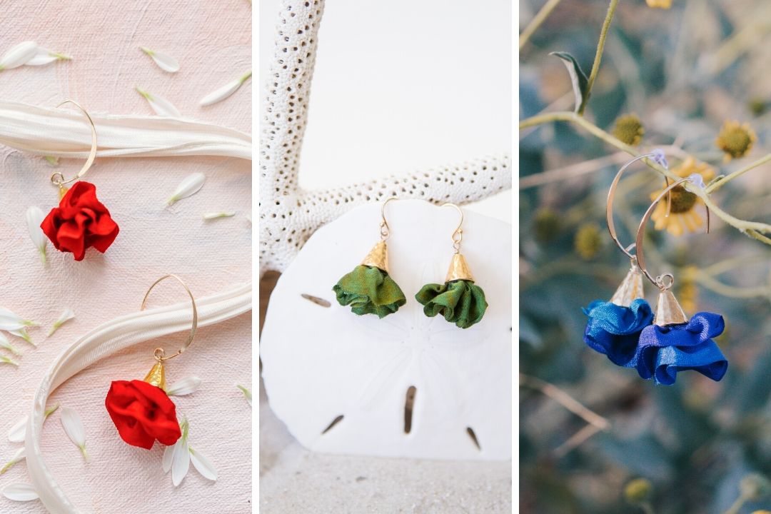 Image collage: close ups of three pairs of drop earrings: large gold with red ruffles, small gold with green ruffles, large blue with gold ruffles