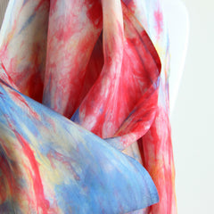 close up of pink, blue & yellow silk scarf