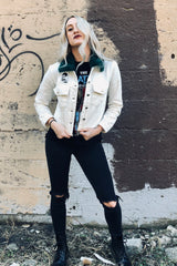 distressed white denim jacket band tee combat boots