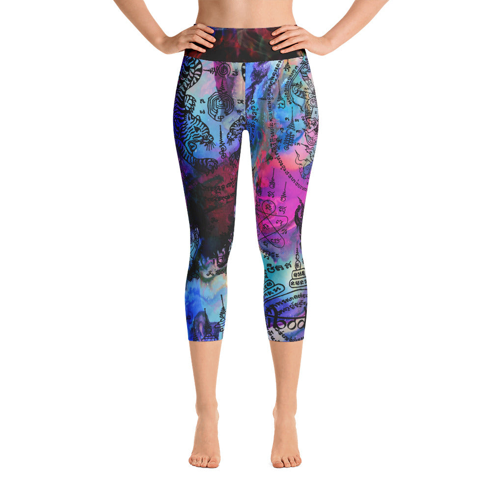 Covered with Thai Buddhist Tattoos Colorful Yoga Capri Leggings