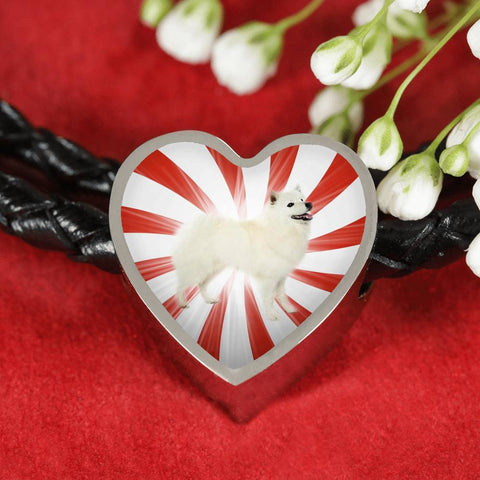 American Eskimo Dog Print Heart Charm Leather Bracelet-Free Shipping