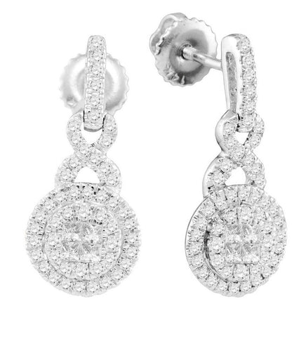 14kt White Gold Womens Princess Round Diamond Soleil Cluster Dangle Earrings 1/2 Cttw