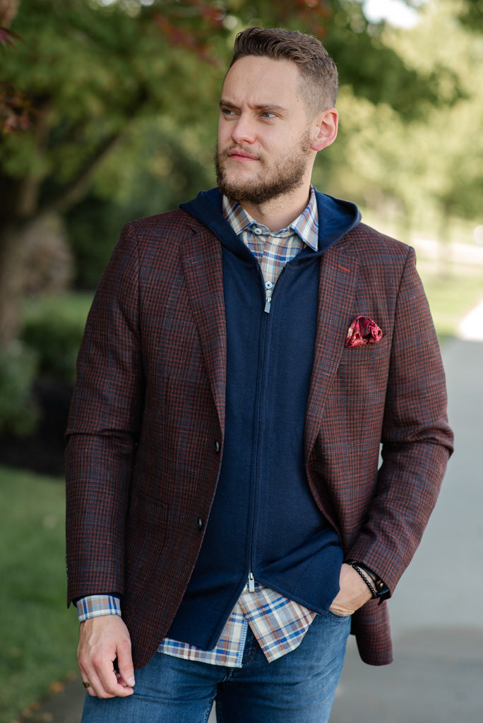 layered fall outfit with sport coat and hooded sweater