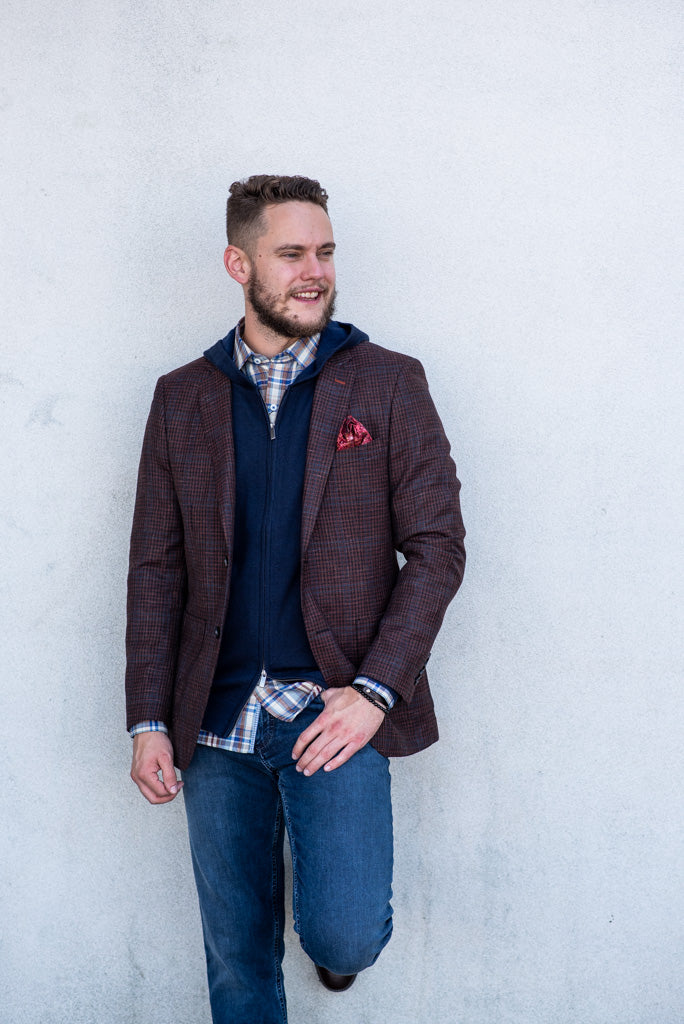 layered fall outfit with sport coat and hooded sweater