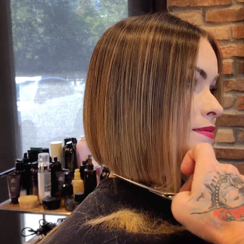 use a 10-tooth texturizer from ARC Scissors to freehand your angled bob hairut