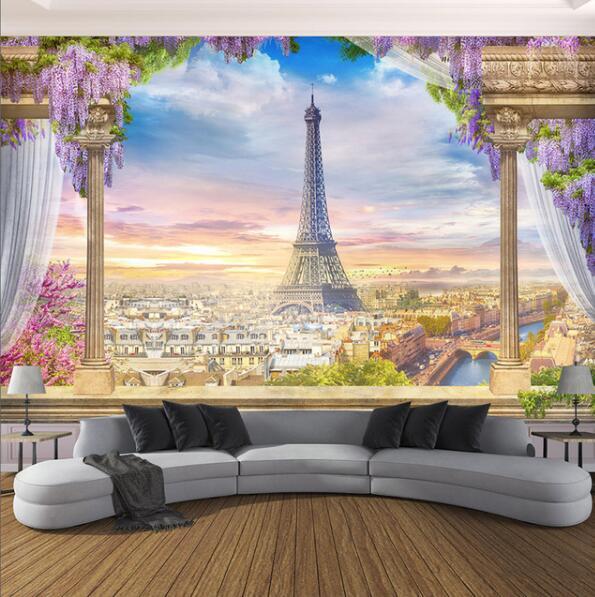 Balcony Overlooking Paris and Eiffel Tower Wallpaper Mural, Custom Sizes  Available