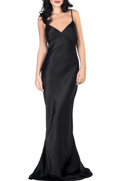 Black silk satin gown, floor length for special occasions and red carpet