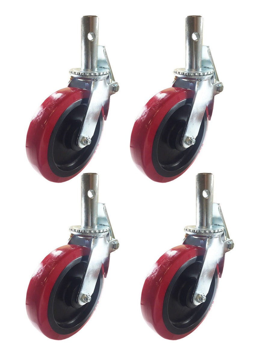 4 pcs Scaffold Caster 6" x 2" Red Wheels w/ Locking Brakes 1-3/8" Stem 2800 lbs. 