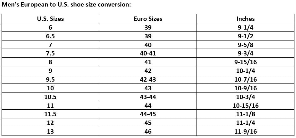 shoe size conversion mens us to eu
