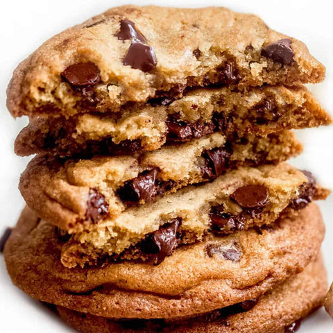 Vegan chocolate chip cookies stacked on each other