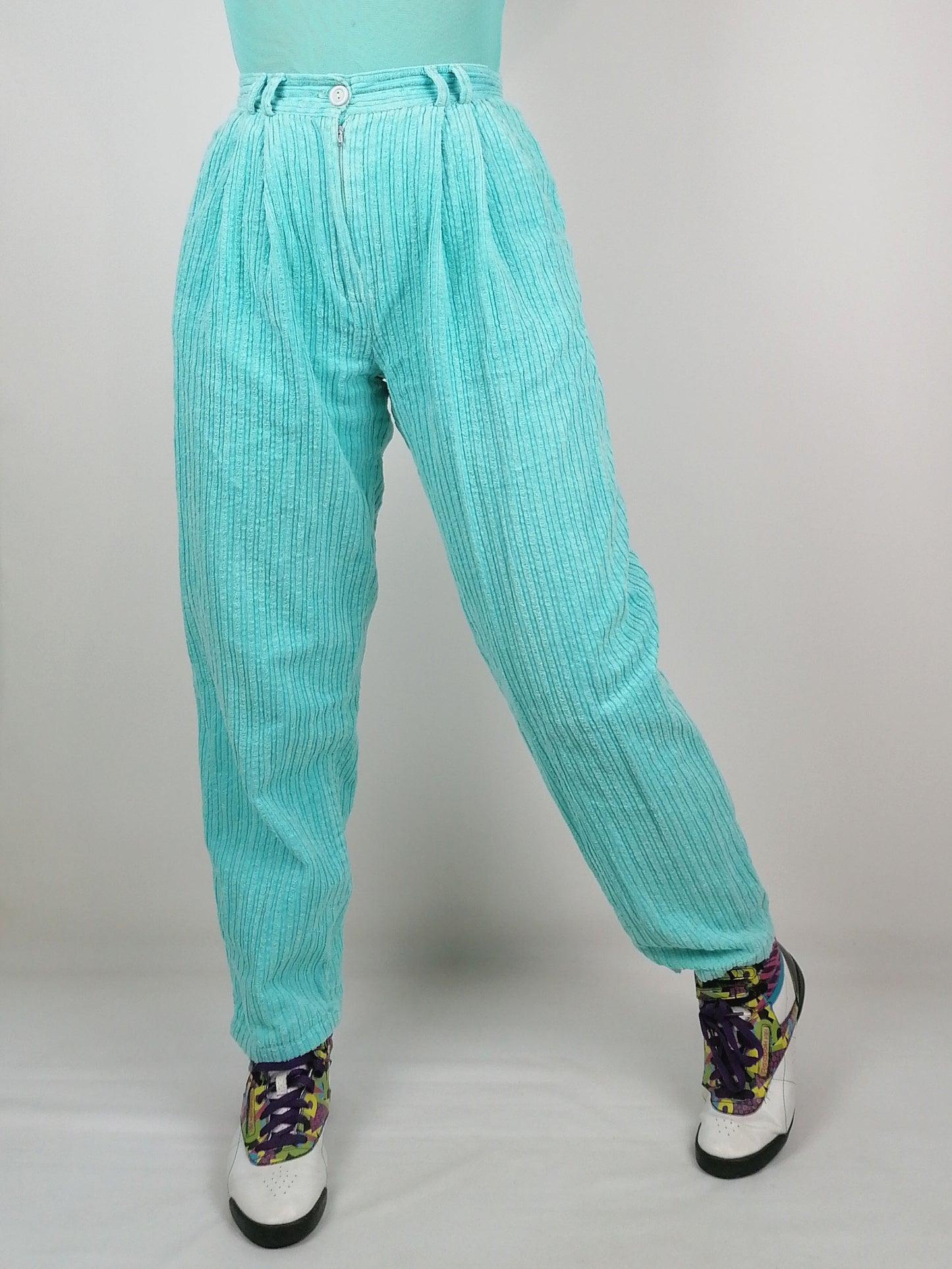 Vintage 80's High Waist Corduroy Velvet Baggy Jeans Aqua Turquoise - size XS-S (25")