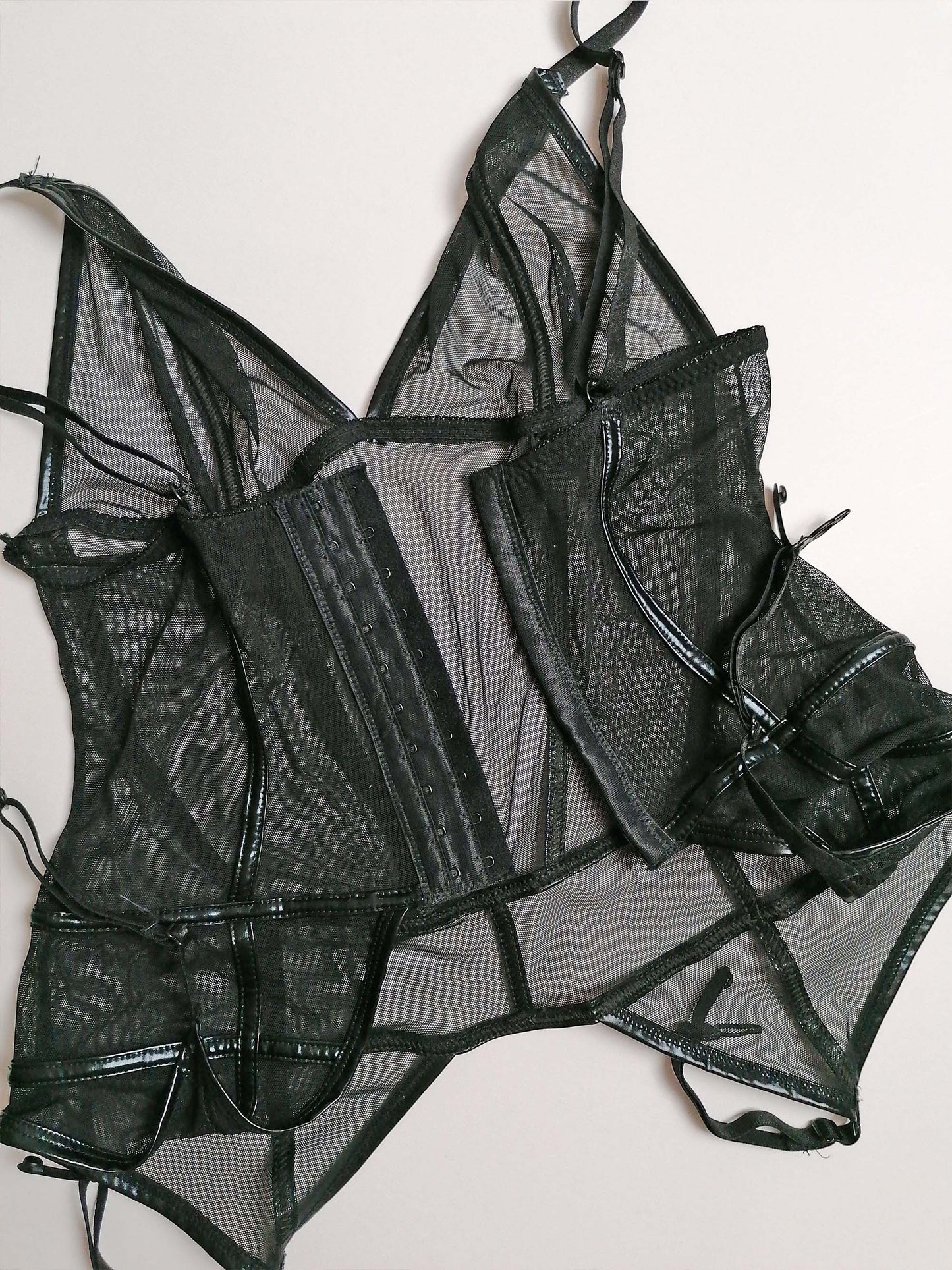 Mesh Corset Top and Thong Black Lingerie Set - size S-M