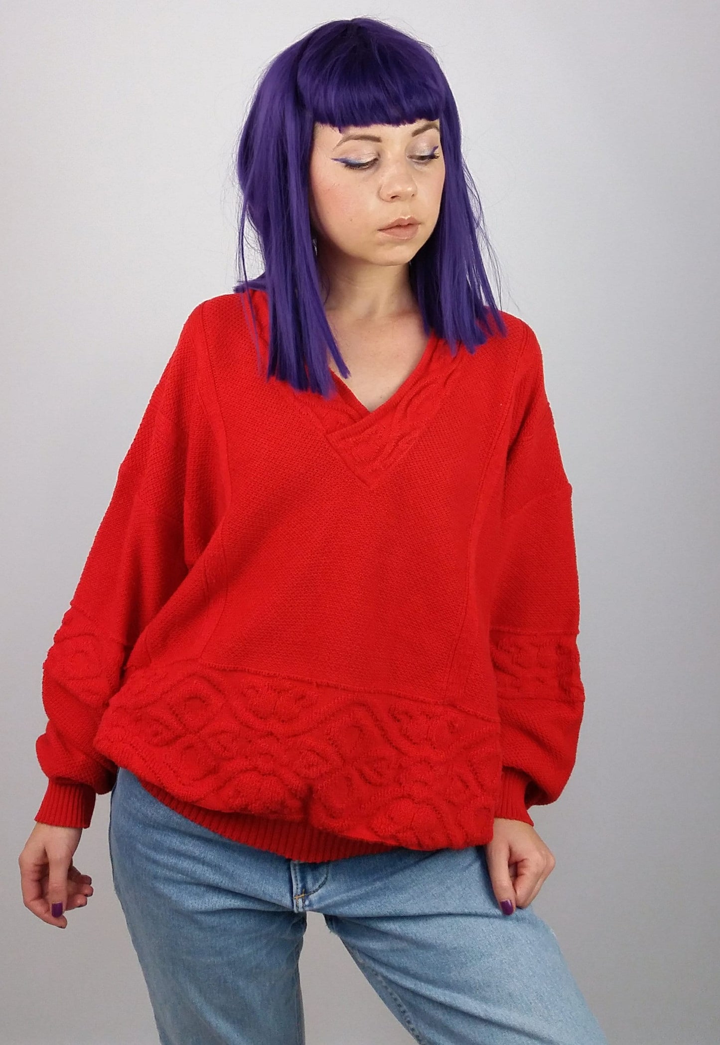 80's Retro V-neck Sweater Red